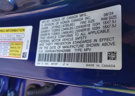 2025 Honda Cr-V Ex-L Awd из США, поврежденный, VIN 2HKRS4H75SH420966